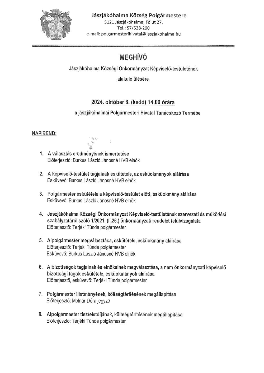 Meghivo Jaszjakohalma Kozsegi Onkormanyzat Kepviselo Testuletenek Alakulo Ulesere 2024 10 08 1