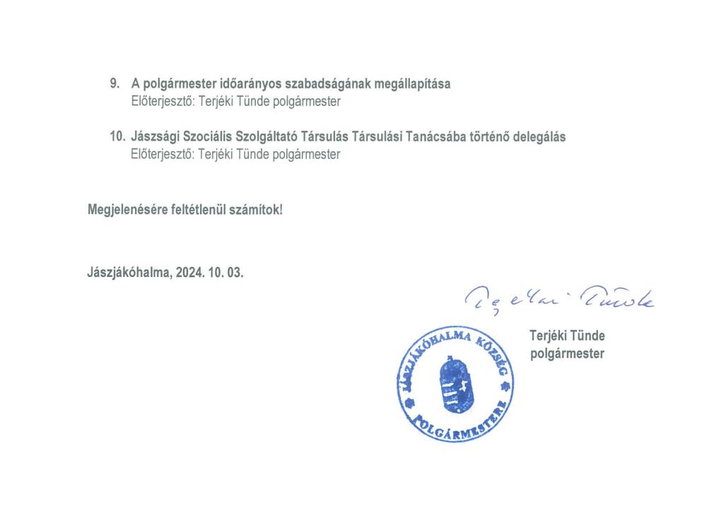 Meghivo Jaszjakohalma Kozsegi Onkormanyzat Kepviselo Testuletenek Alakulo Ulesere 2024 10 08 2
